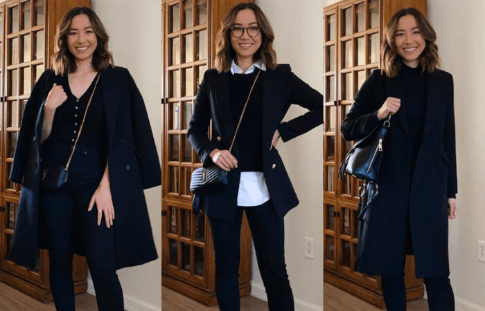 Outfit all black với áo thun đen, quần đen và phụ kiện cá tính