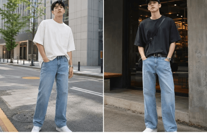 Outfit áo thun oversize phối quần jeans ống rộng theo phong cách streetwear